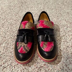 John Fluevog Alma Pink Tapestry Loafers with Fringe Size 9
